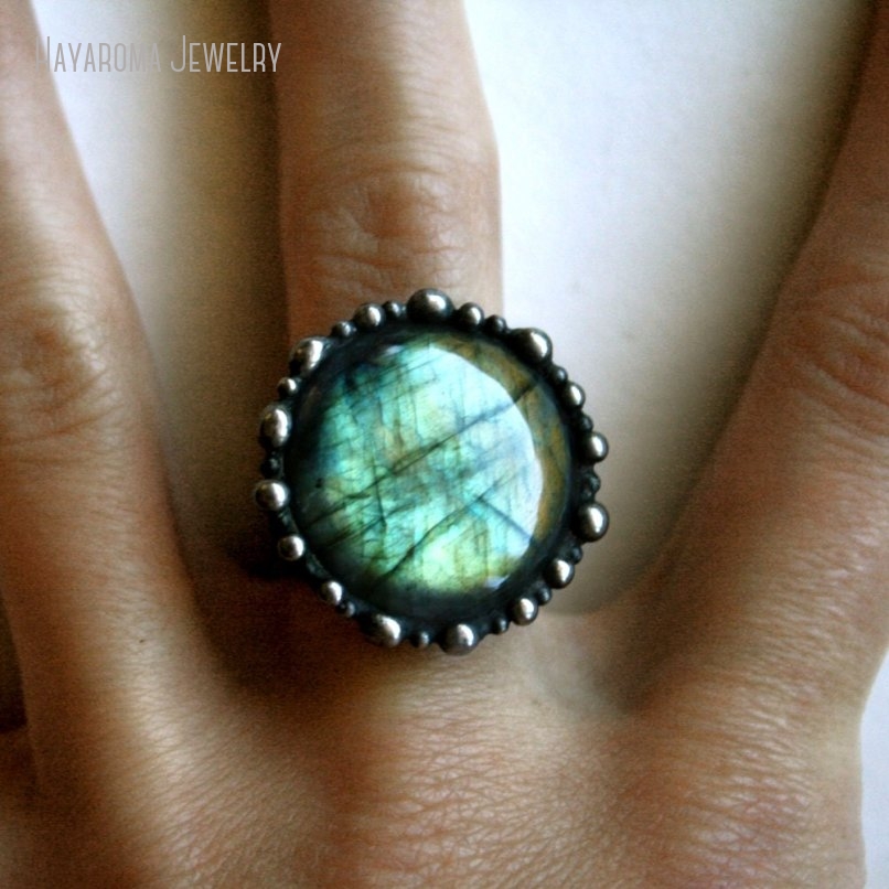 Women'S Emo Accessories - 10st Aqua Labradoriet Ronde Ring Vrouwen